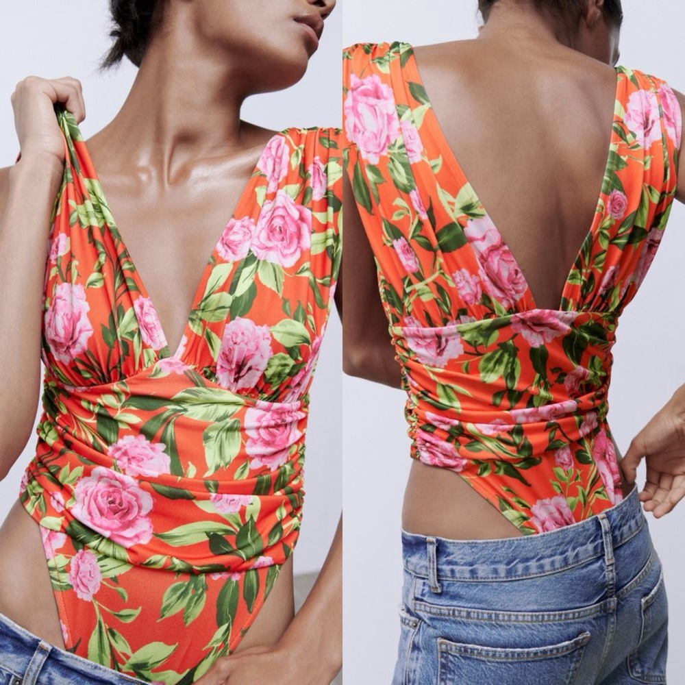 Zara Floral PRINTED DRAPED V-Neck BODYSUIT NEW